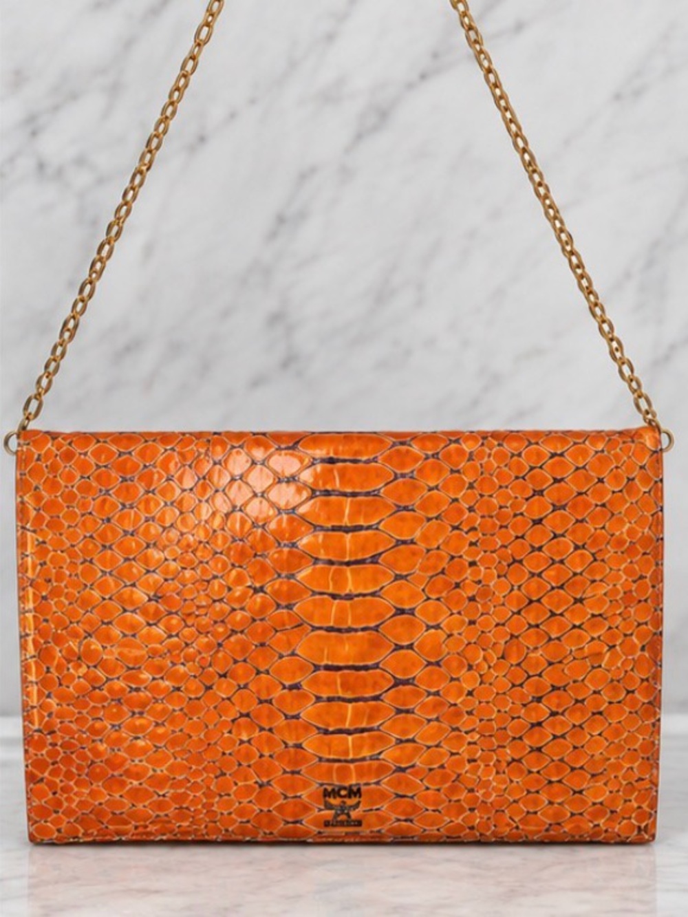 MCM Orange Exotic Embossed Leather Chain Shoulder Bag Clutch - Picture 2 of 5